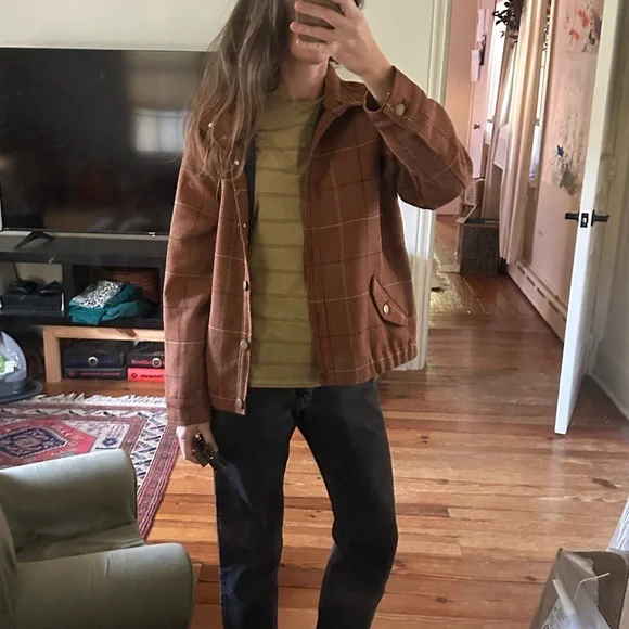 Vintage Funnel Neck Cropped Brown Plaid Jacket Coat - Picture 6 of 10